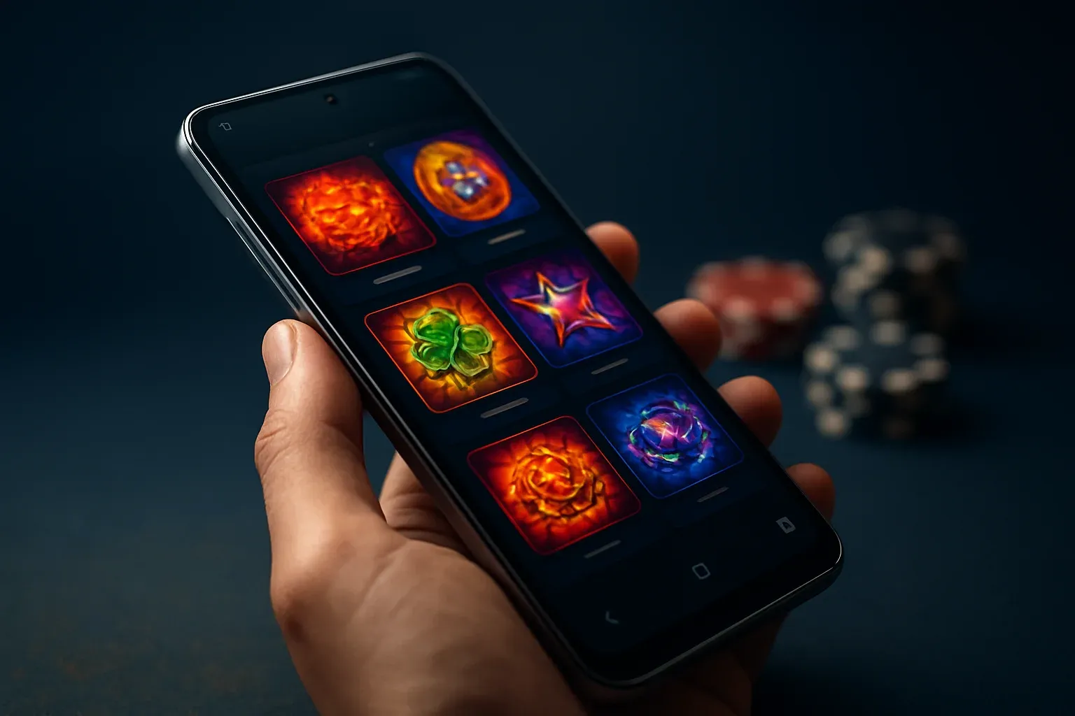 Flagship Android smartphone showing vivid casino app interface in dramatic lighting