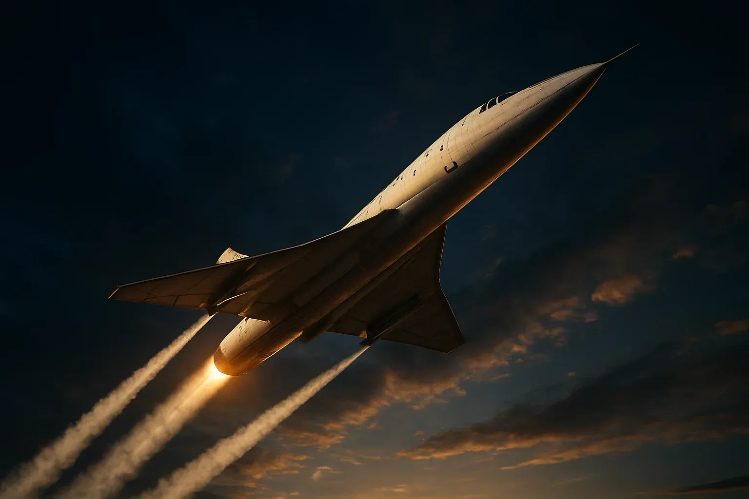 Hyperrealistic white jet aircraft climbing steeply in dramatic blue sky