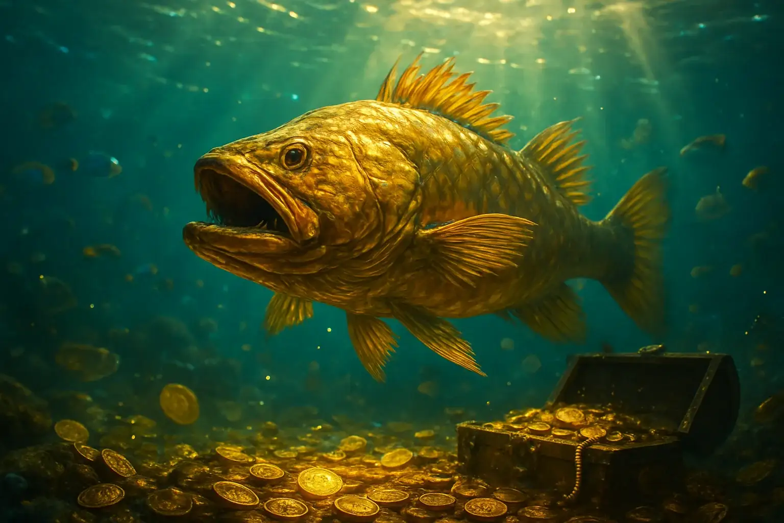 Massive golden dragon fish underwater with coins, treasure, and tropical fish