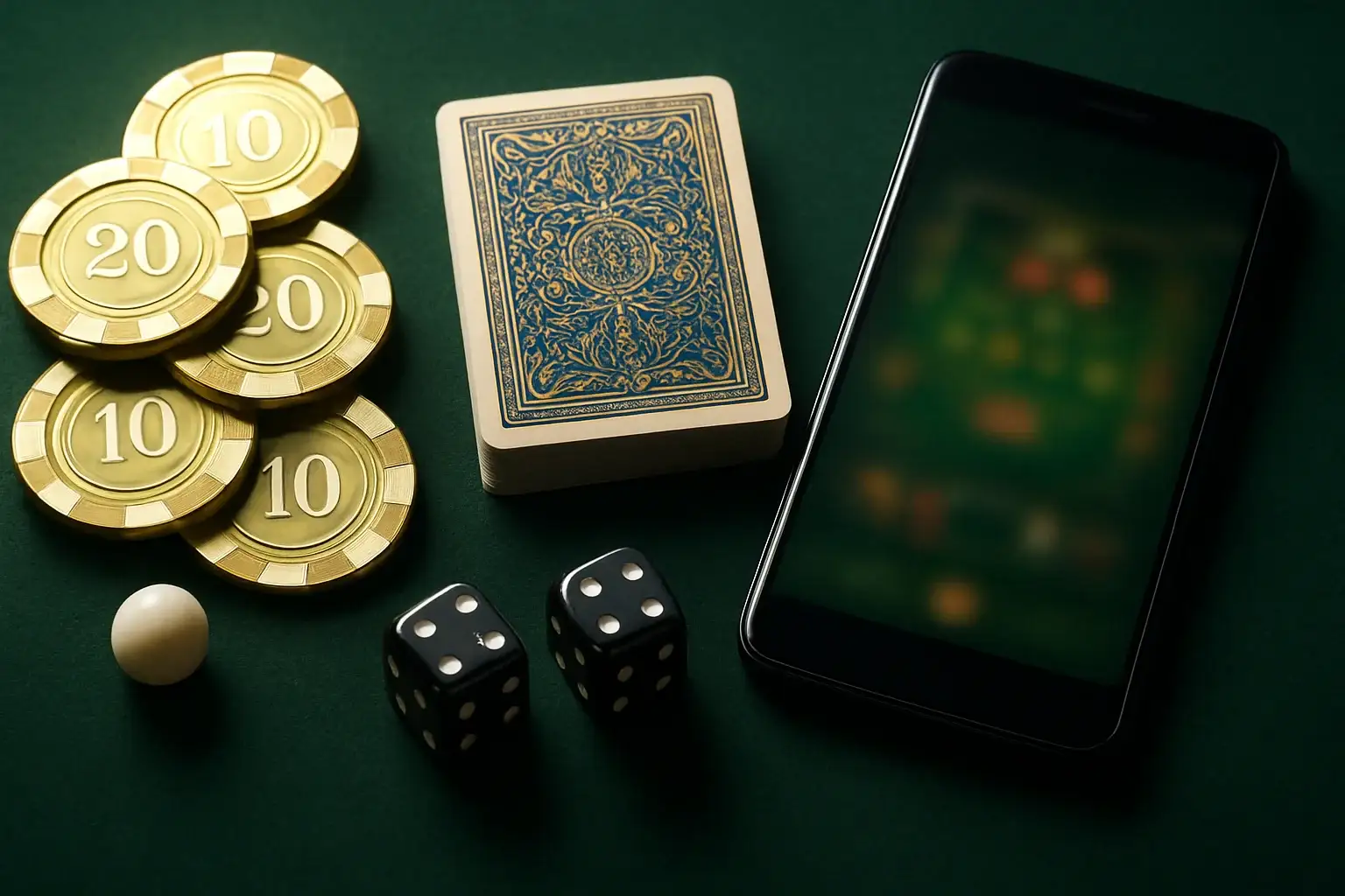 Top-down premium casino table with chips, cards, dice, roulette ball, smartphone