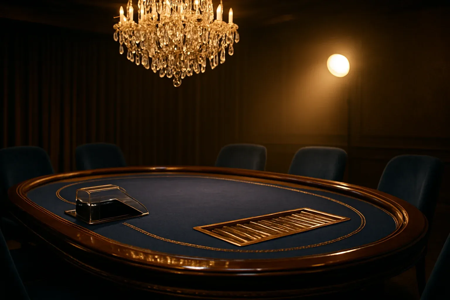 Hyperrealistic live baccarat studio in the Philippines with blue felt and gold trim