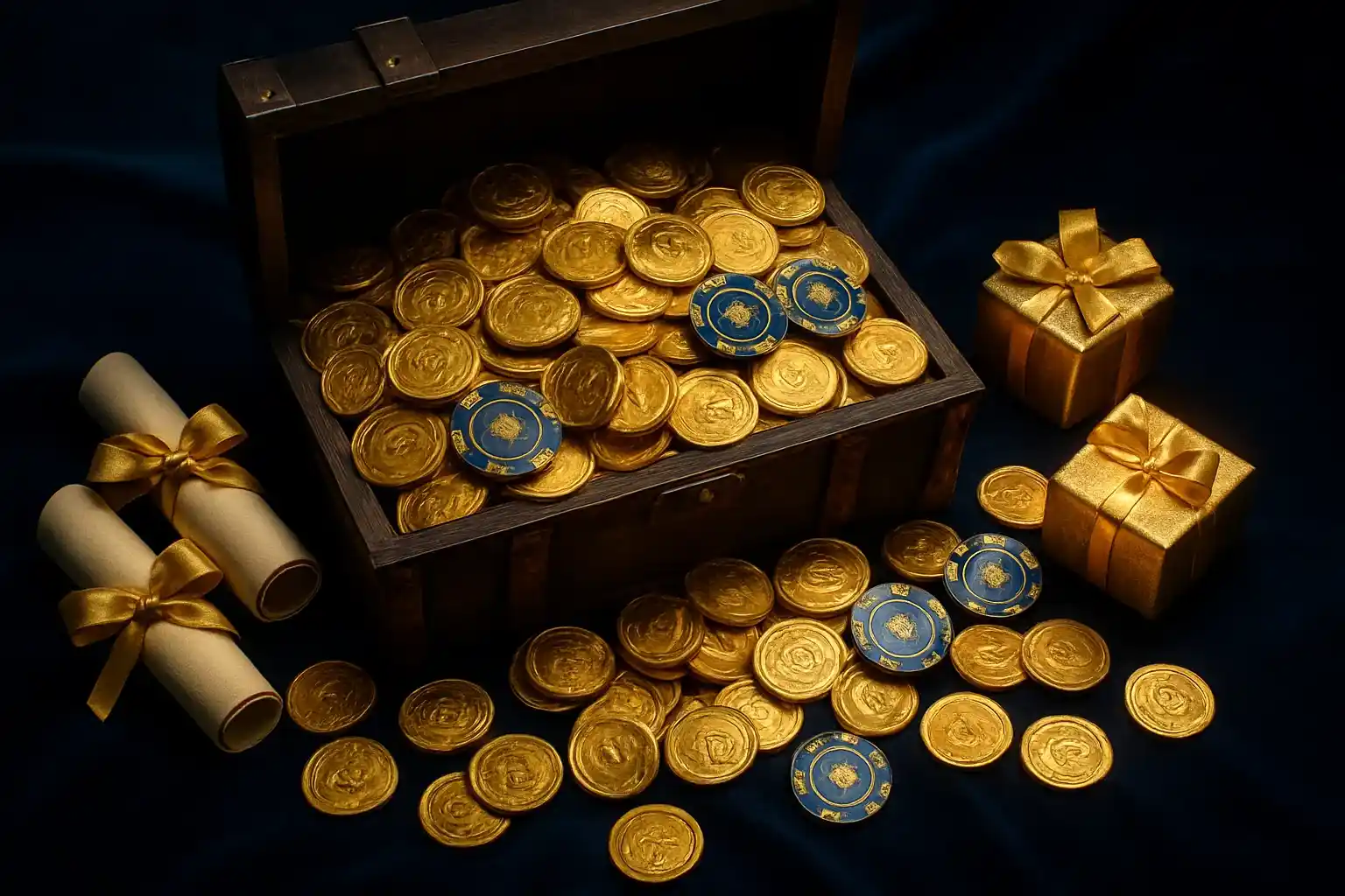Overflowing treasure chest with gold coins, casino chips, vouchers, and gift boxes