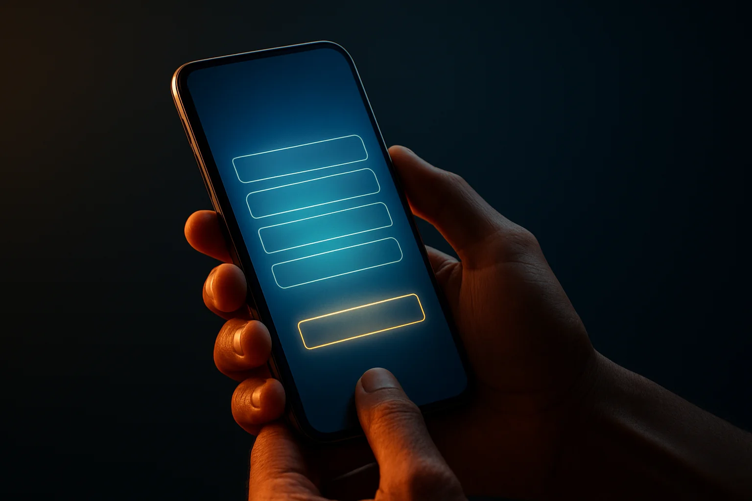 Filipino man's hands holding smartphone with glowing registration interface