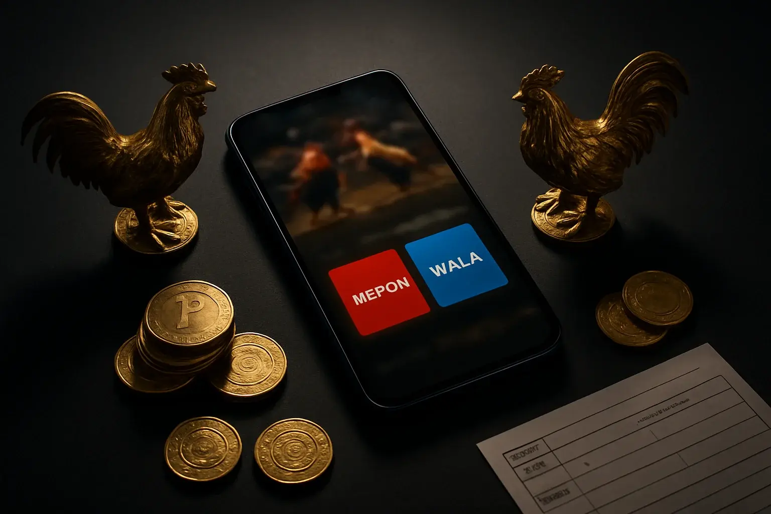 Smartphone with sabong betting interface, golden roosters, coins, and casino chips