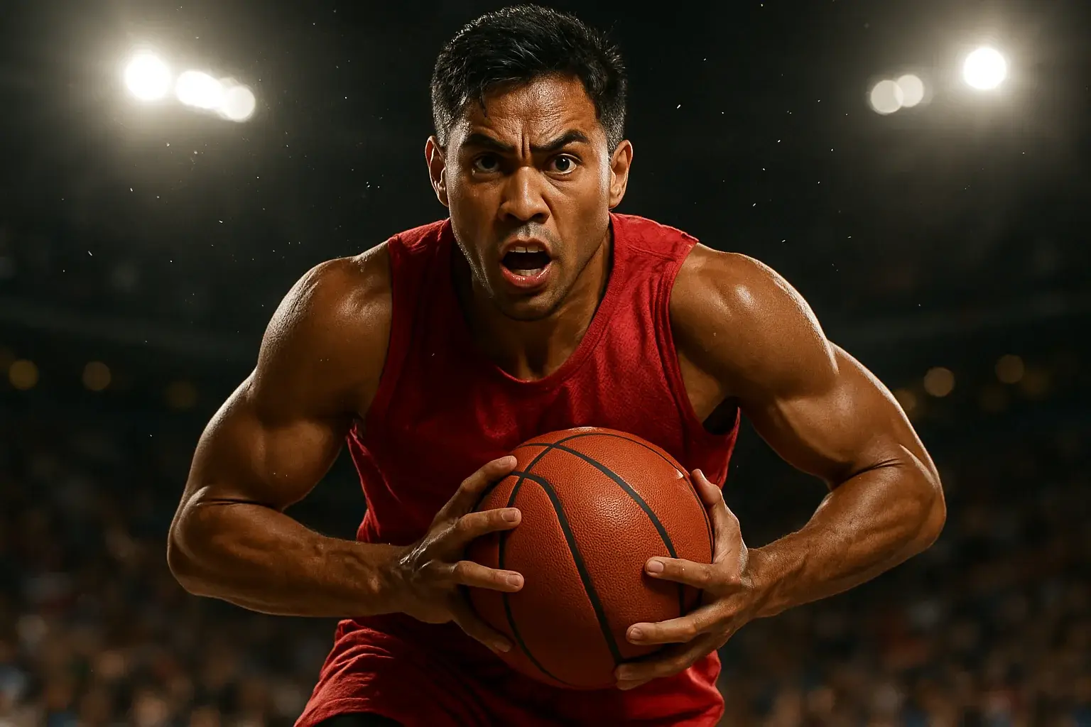 Filipino PBA basketball player mid-air driving powerfully toward the basket